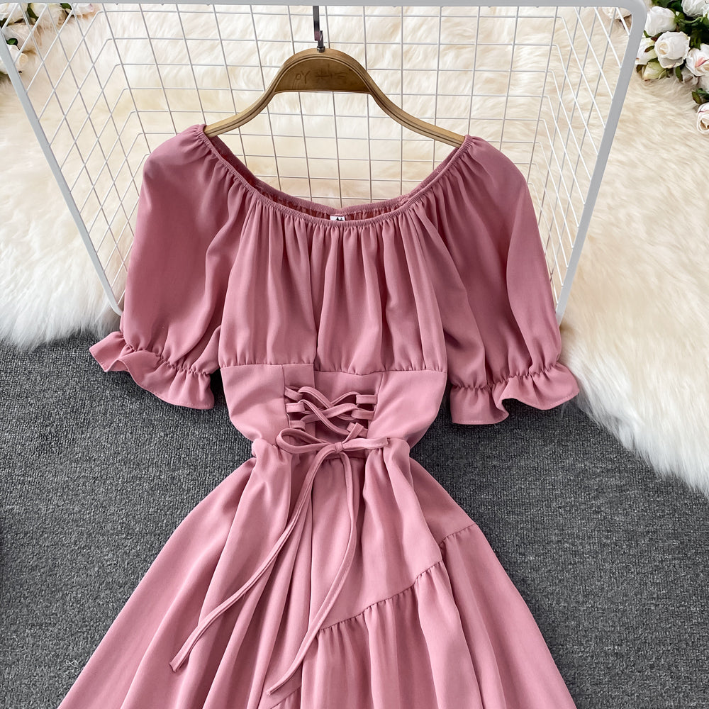 Simple Lace-Up Dress With Irregular Dress  10738