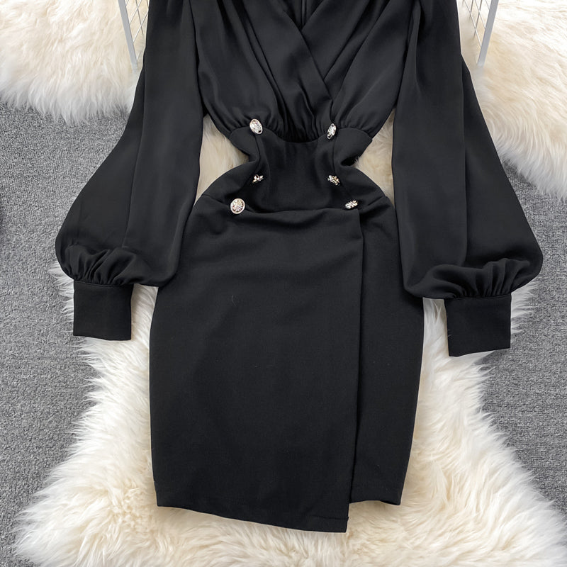 Black V Neck Long Sleeve Dress Fashion Dress  10843