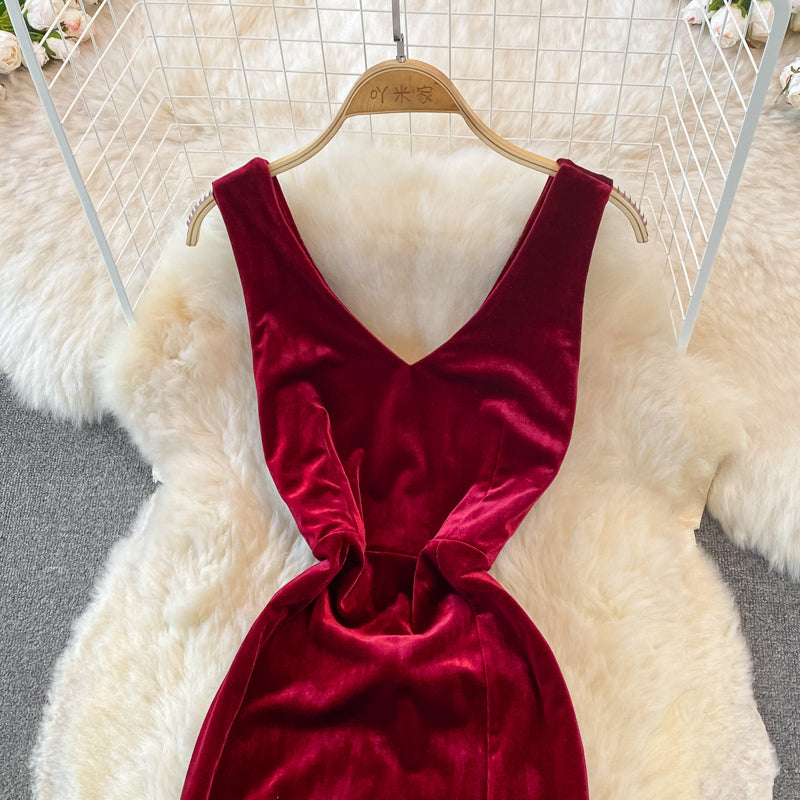 Sexy V Neck Velvet Long Dress Fashion Dress  10782