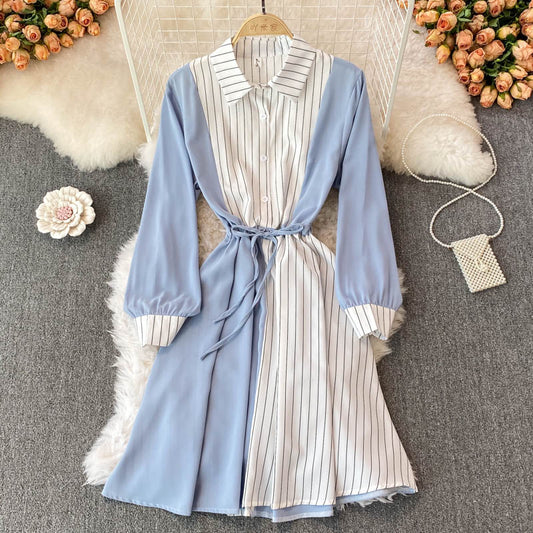 Simple A Line Striped Shirt Dress  10771