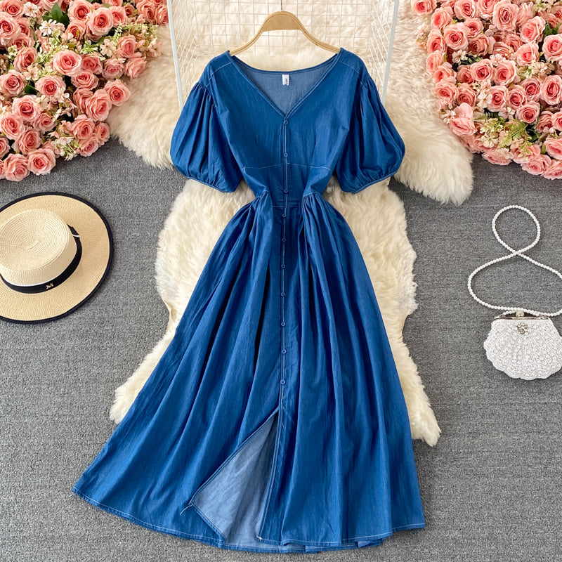 Simple V Neckline Denim Dress A Line Fashion Dress  10836
