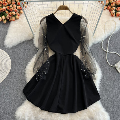 Black V Neck Short Dress A Line Fashion Dress  10832