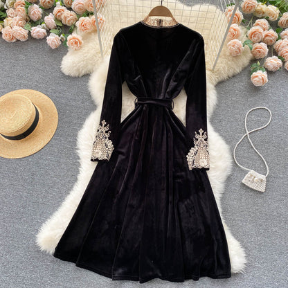 Black Velvet Lace Long Sleeve Dress Fashion Dress  10846