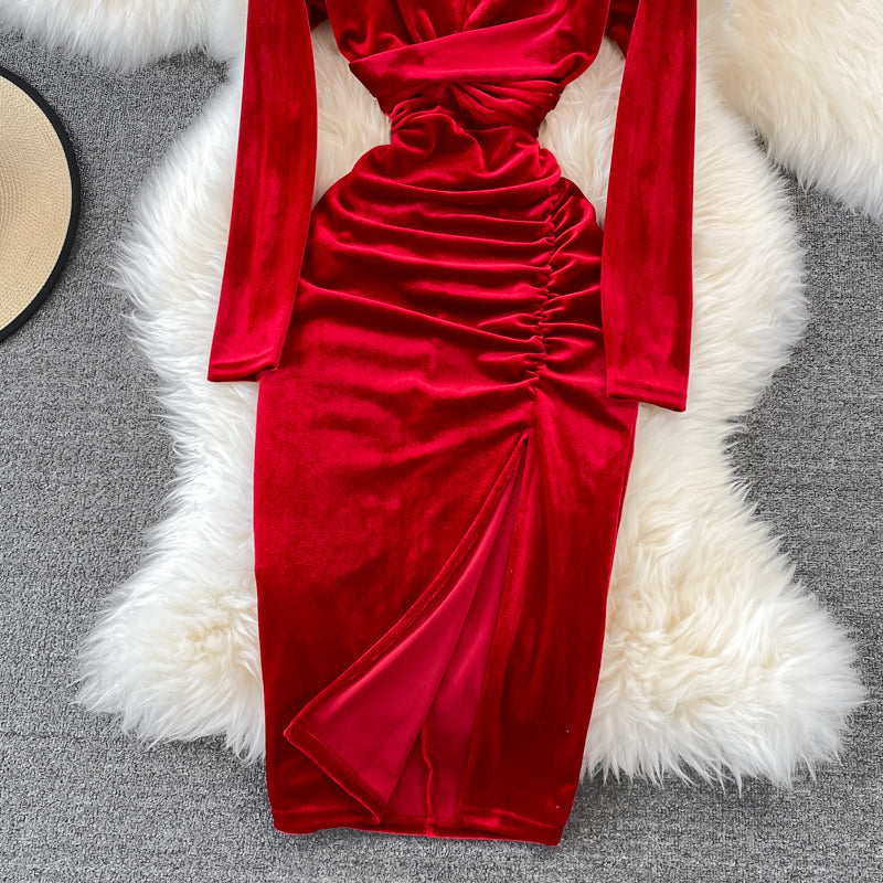 Simple V Neck Velvet Long Sleeve Dress Fashion Dress  10827