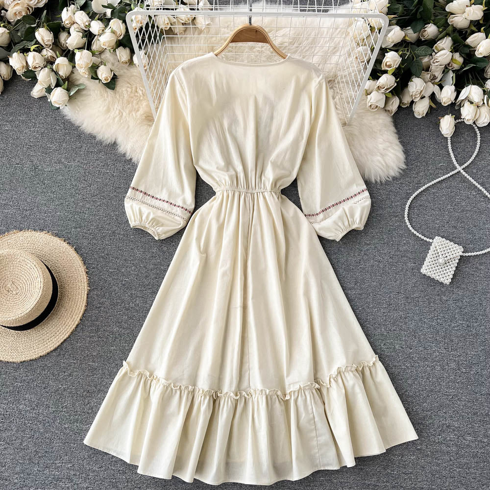 Simple A Line Embroidery Long Sleeve Dress  10764