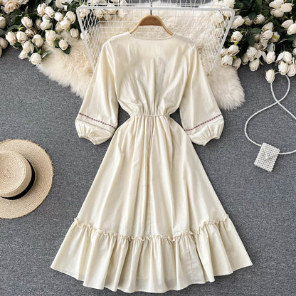 Simple A Line Embroidery Long Sleeve Dress  10764