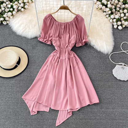 Simple Lace-Up Dress With Irregular Dress  10738