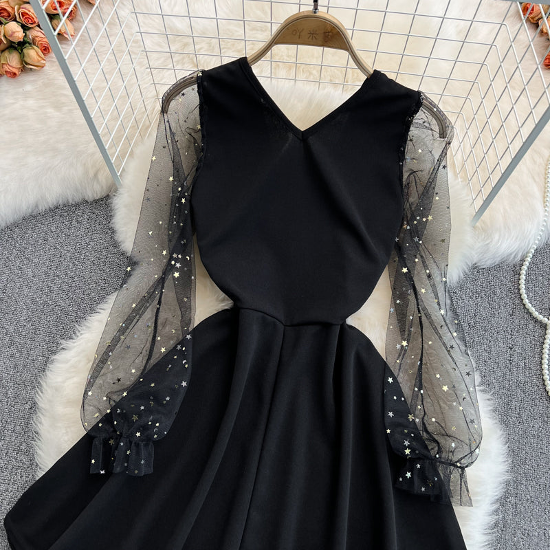 Black V Neck Short Dress A Line Fashion Dress  10832