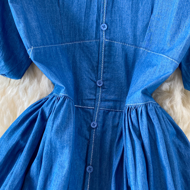Simple V Neckline Denim Dress A Line Fashion Dress  10836