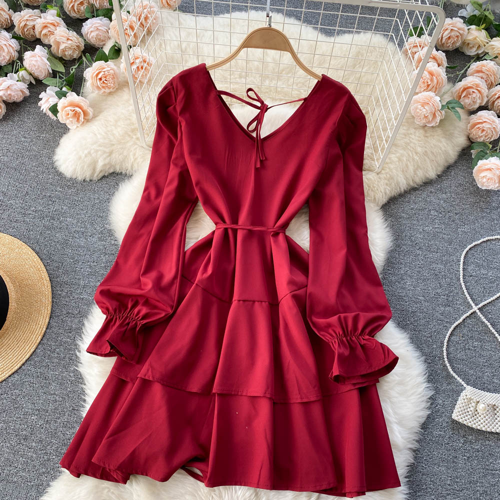 Simple V Neck Long Sleeve Dress Fashion Dress  10775