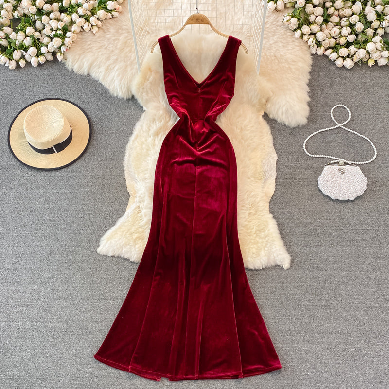 Sexy V Neck Velvet Long Dress Fashion Dress  10782