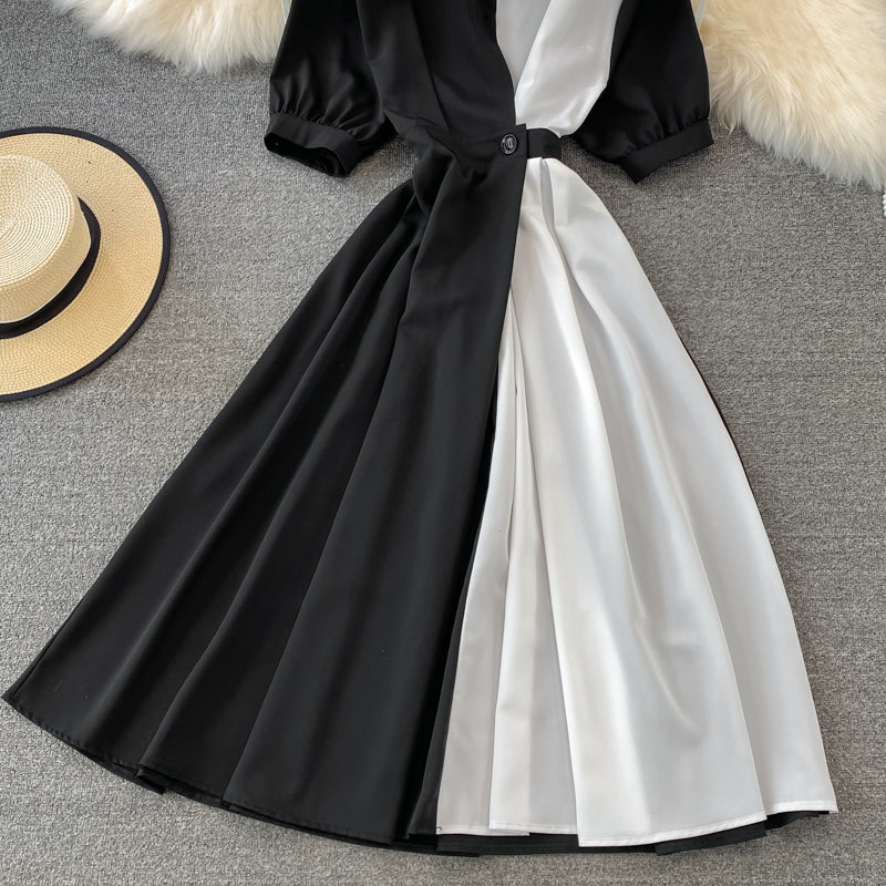Chic Contrast Color Short-Sleeved Dress  10769