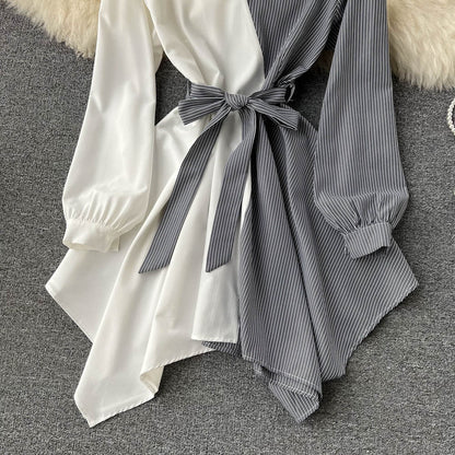 Fashionable Striped Long-Sleeved Irregular Dress  10752