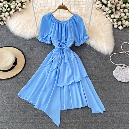 Simple Lace-Up Dress With Irregular Dress  10738