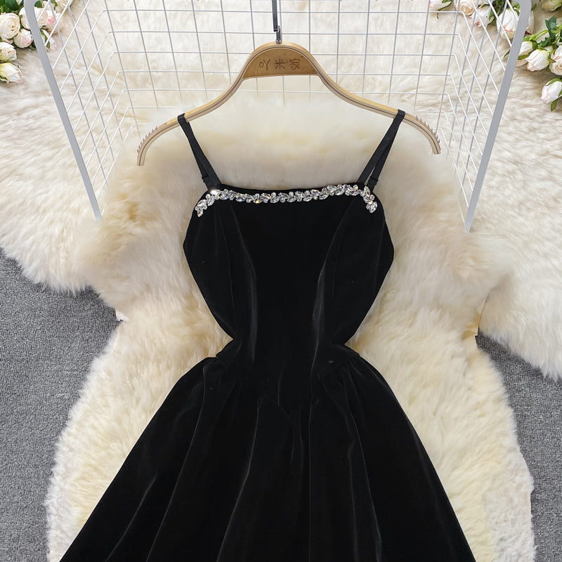 Black Velvet Short Dress Black Fashion Dress  10711