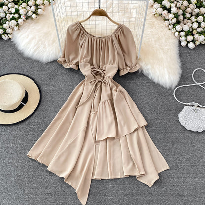 Simple Lace-Up Dress With Irregular Dress  10738
