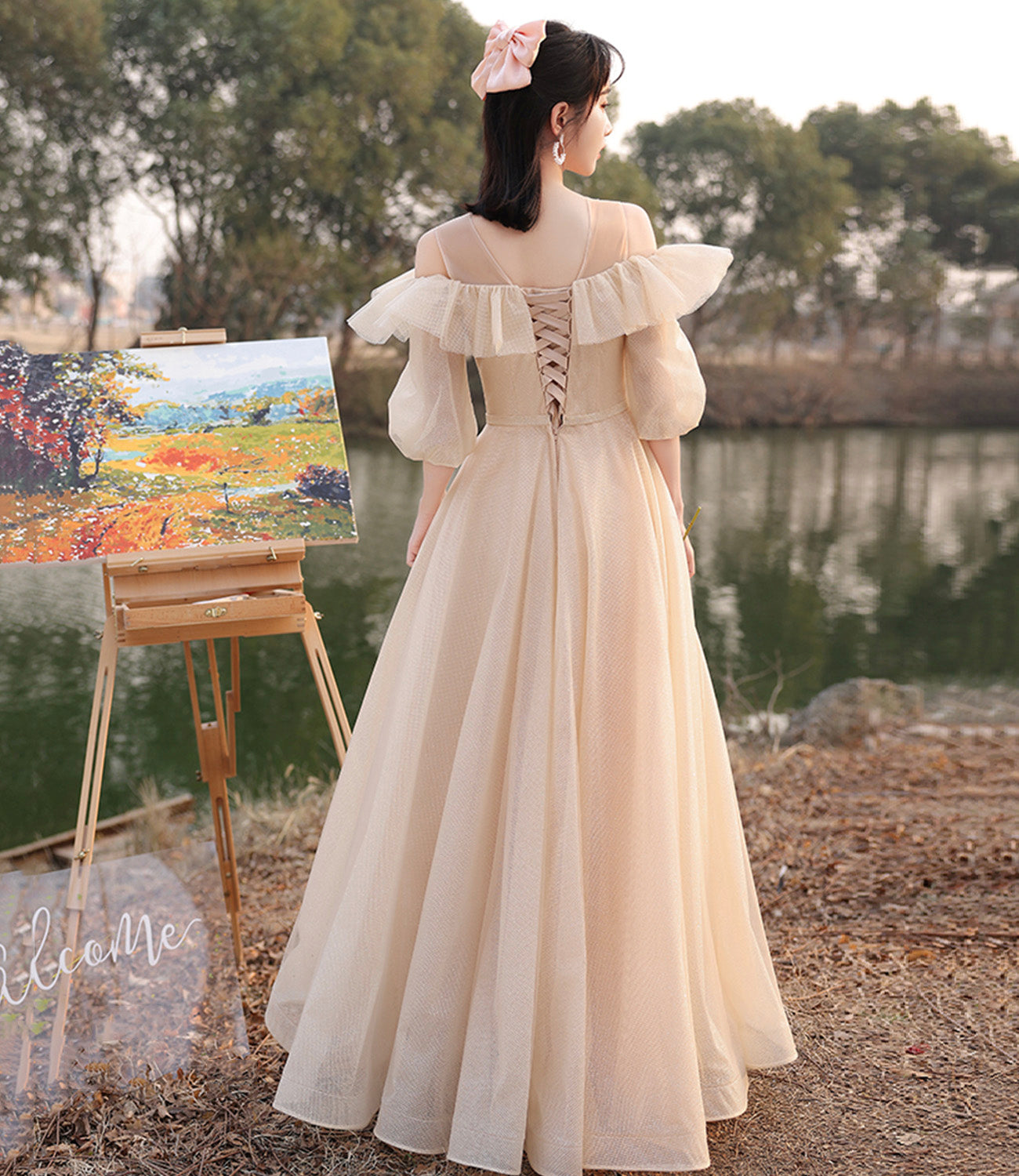 Cute tulle sequins long prom dress A line evening dress  10571
