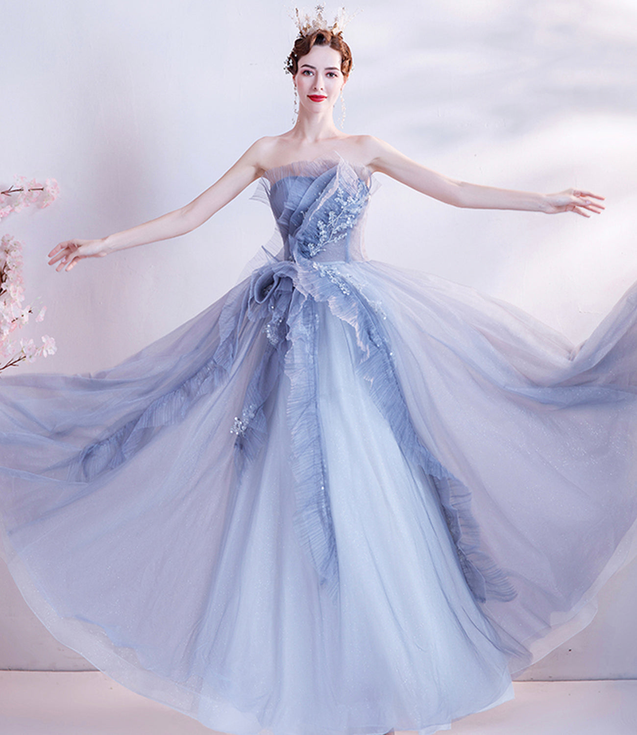 Cute tulle beads long prom dress A line evening dress  10511