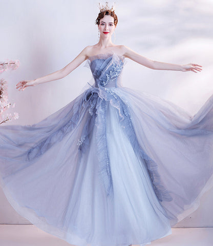Cute tulle beads long prom dress A line evening dress  10511
