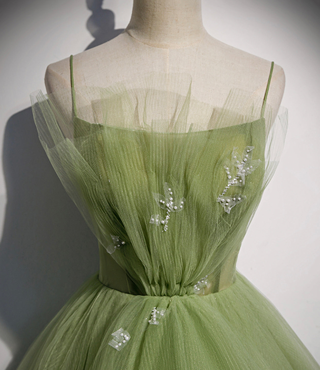 Green tulle long prom dress A line evening dress  10651