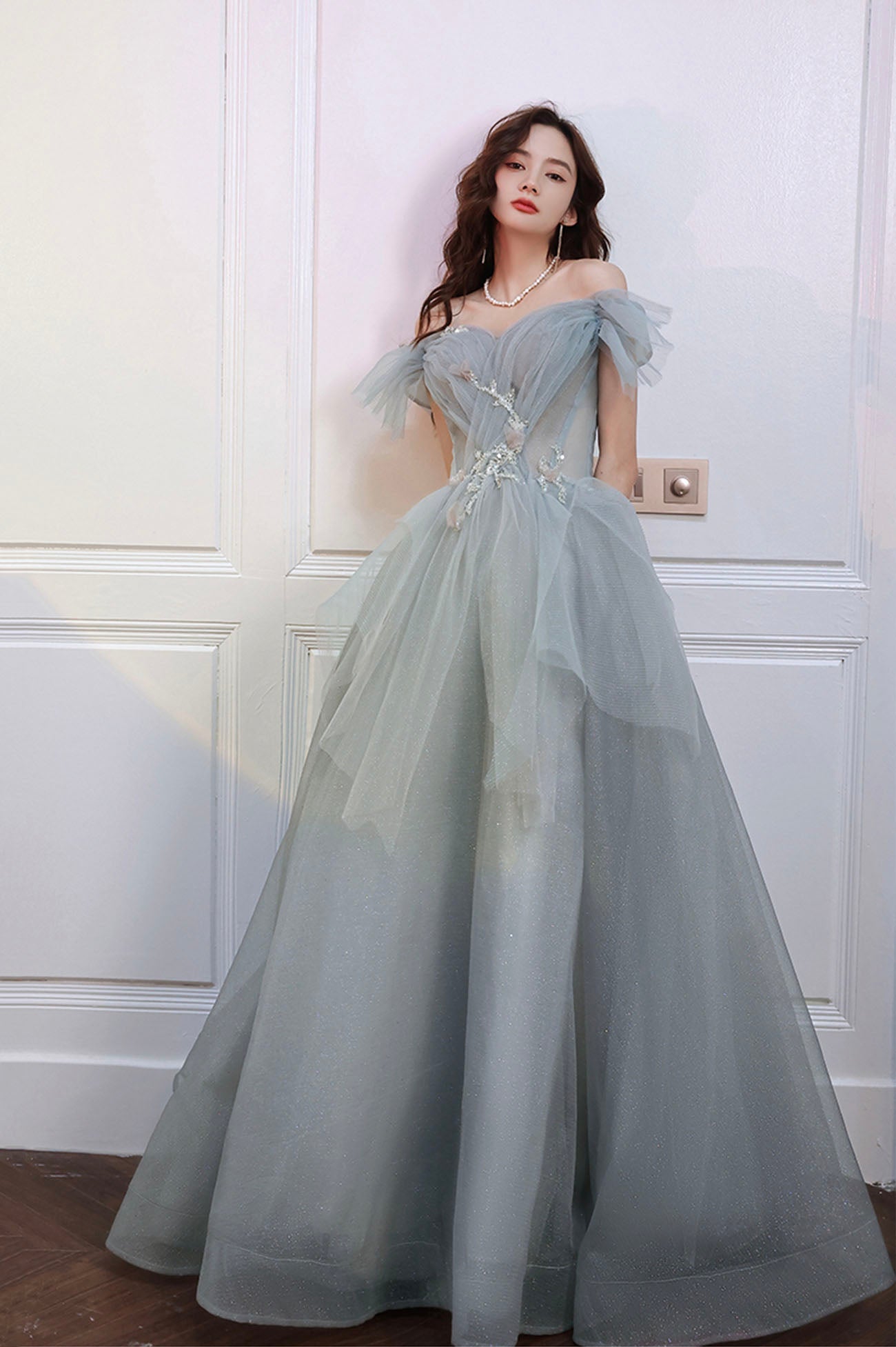 Gray tulle sequins long prom dress A line evening dress  10646