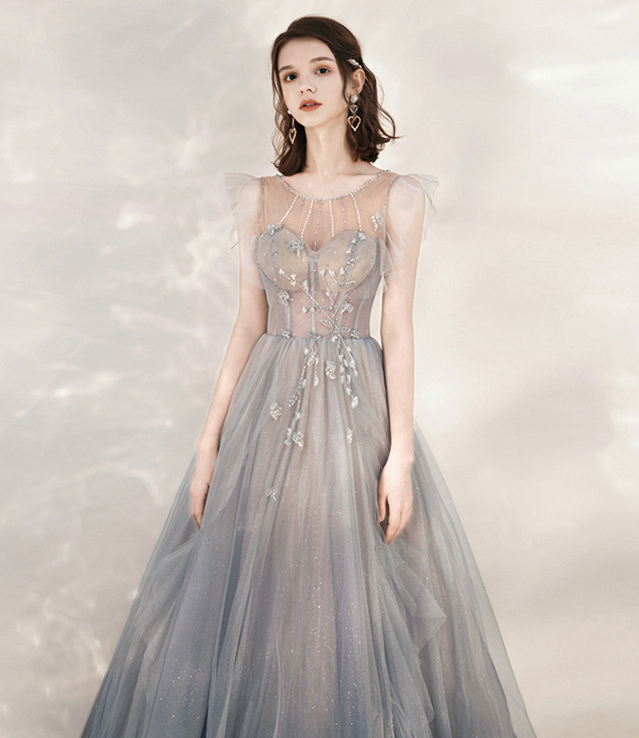 Cute tulle beads long prom dress A line formal dress  10547