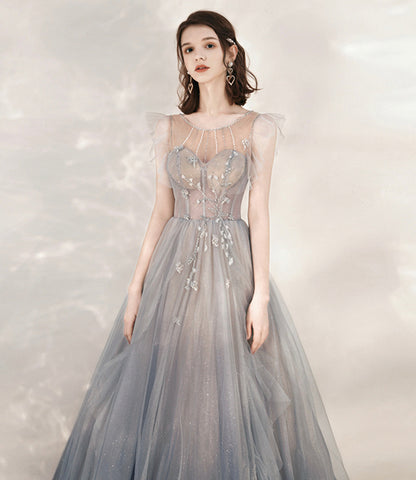 Cute tulle beads long prom dress A line formal dress  10547