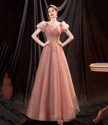 Pink tulle sequins long prom dress pink evening dress  10650