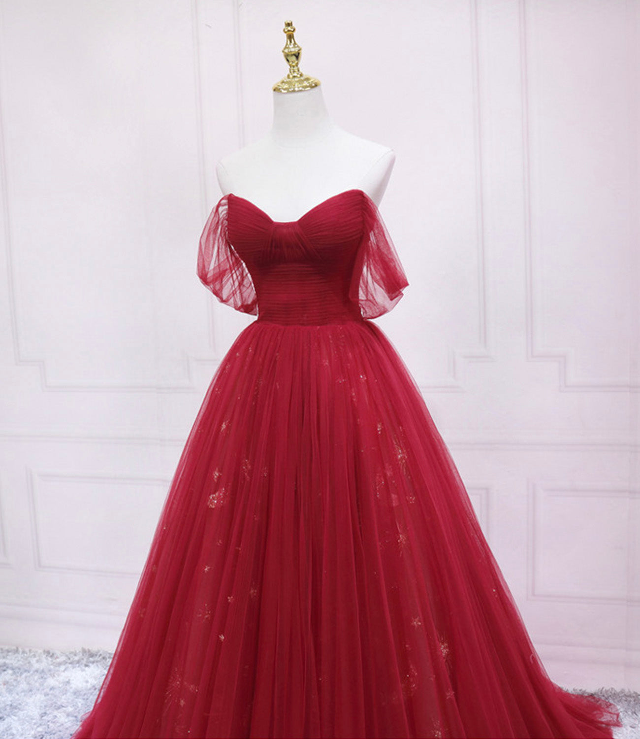 Red tulle sequins long prom dress A line evening dress  10569