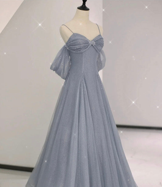 Gray tulle sequins long prom dress gray evening dress  10633