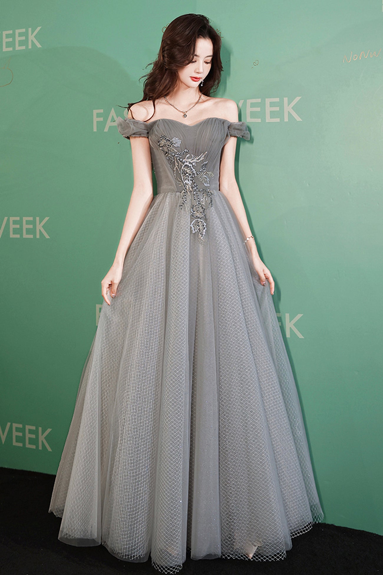 Gray tulle beads long prom dress gray evening dress  10521