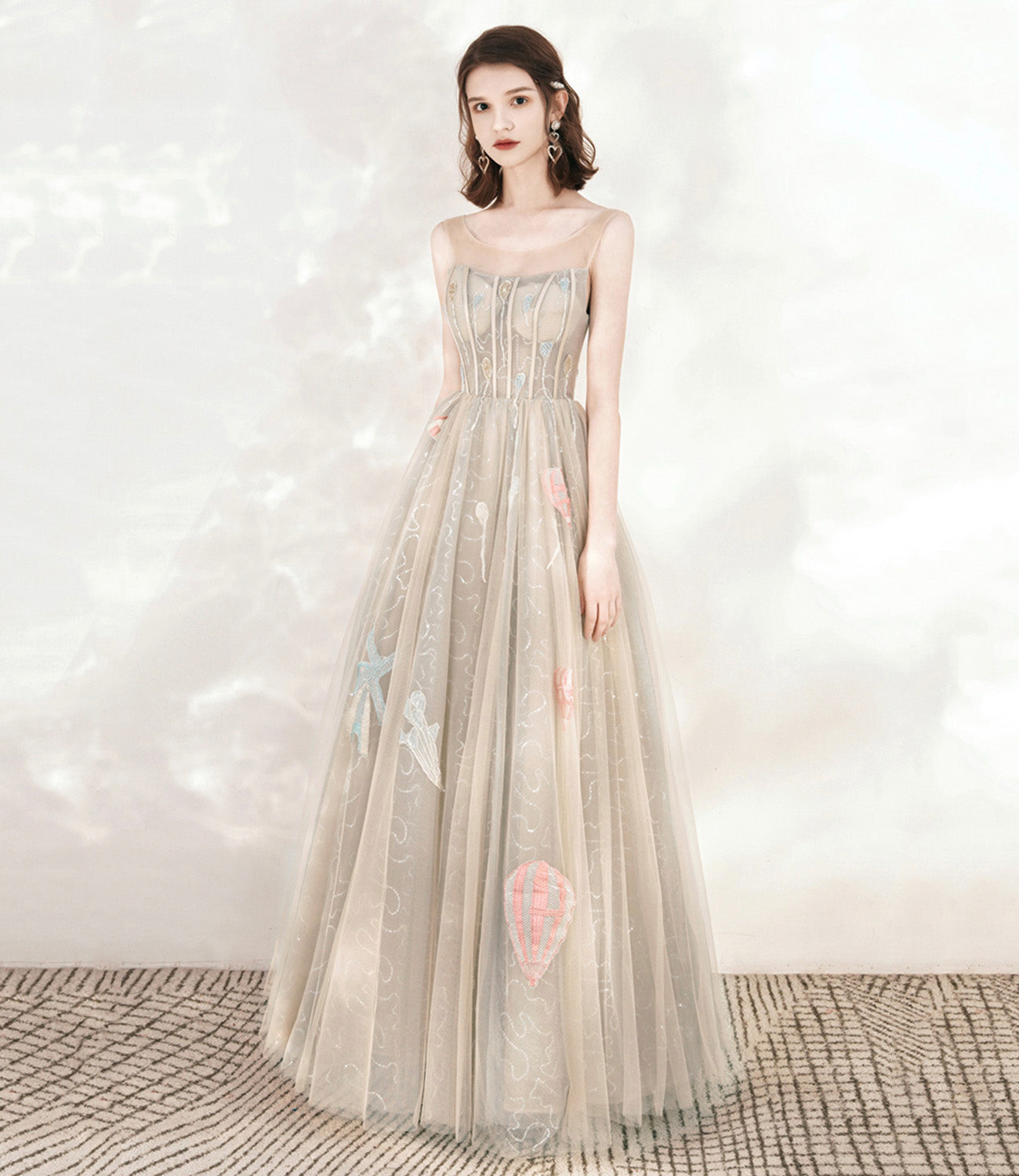 Champagne tulle sequins long prom dress evening dress  10542