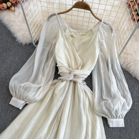 Champagne V Neck Long Sleeve Dress A Line Fashion Dress  10683