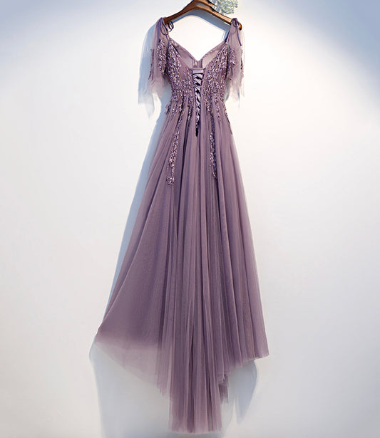 Purple tulle lace long prom dress A line evening dress  10494
