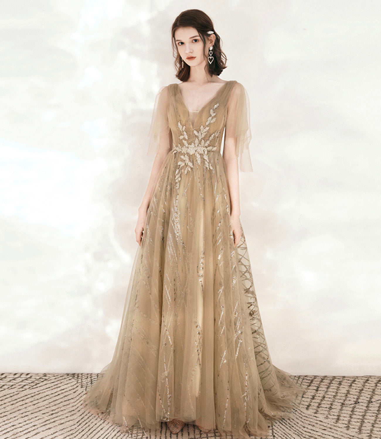 Champagne tulle sequins long prom dress A line evening dress  10548