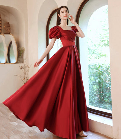 Red satin long A line prom dress red evening dress  10529