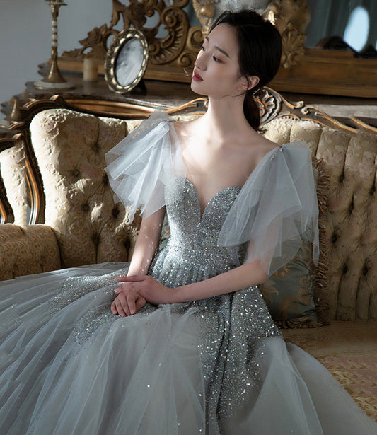 Gray tulle sequins long prom dress A line evening dress  10574