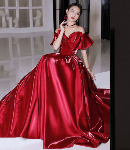 Red satin long prom dress A line evening dress  10582