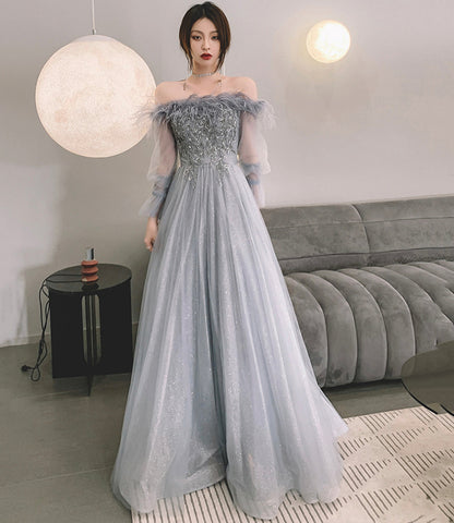 Gray tulle sequins long prom dress A line evening dress  10559