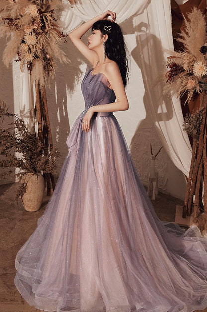 Purple tulle sequins long prom dress evening dress  10648