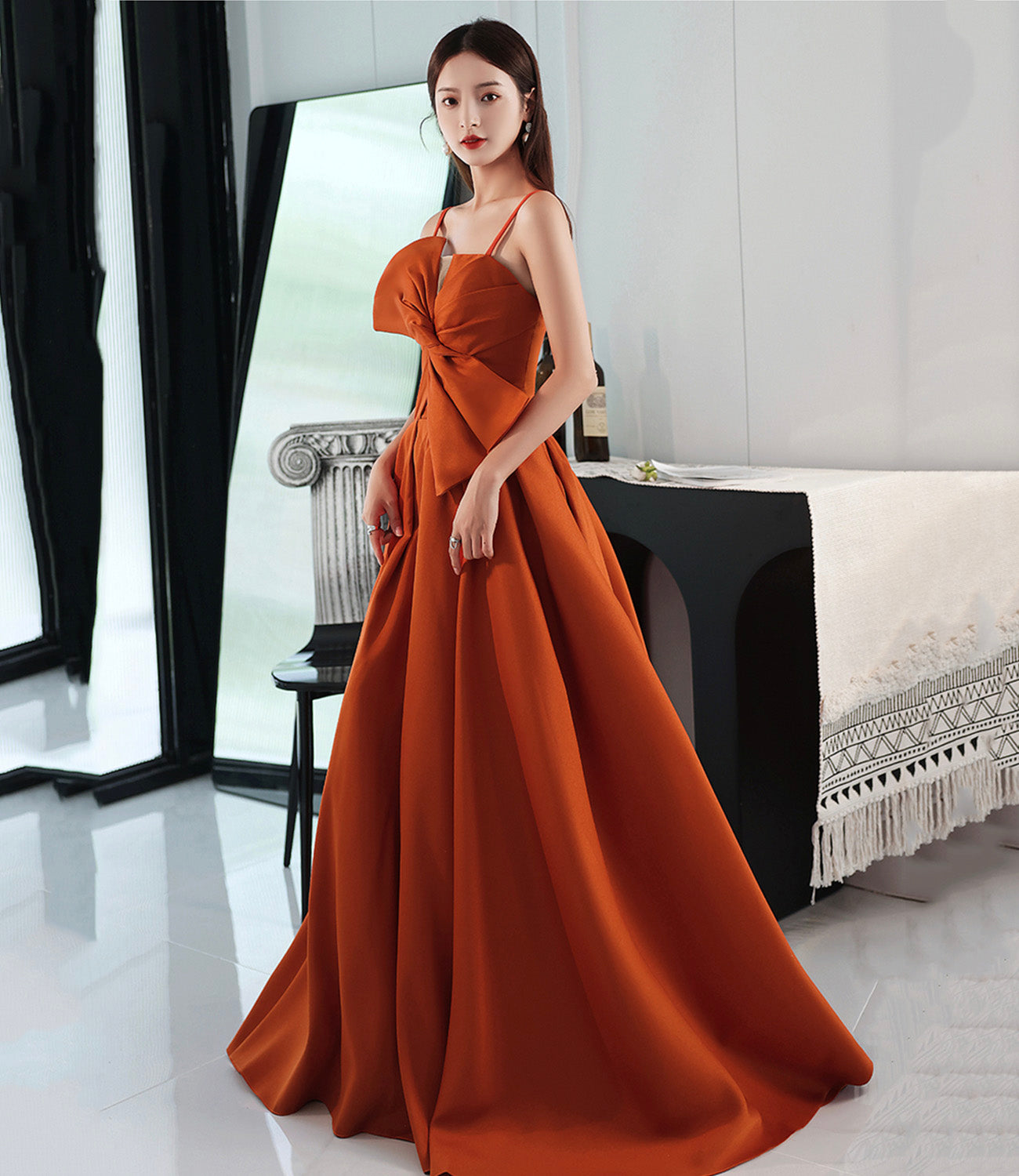 Orange satin long prom dress with bow A line formal dress  10568