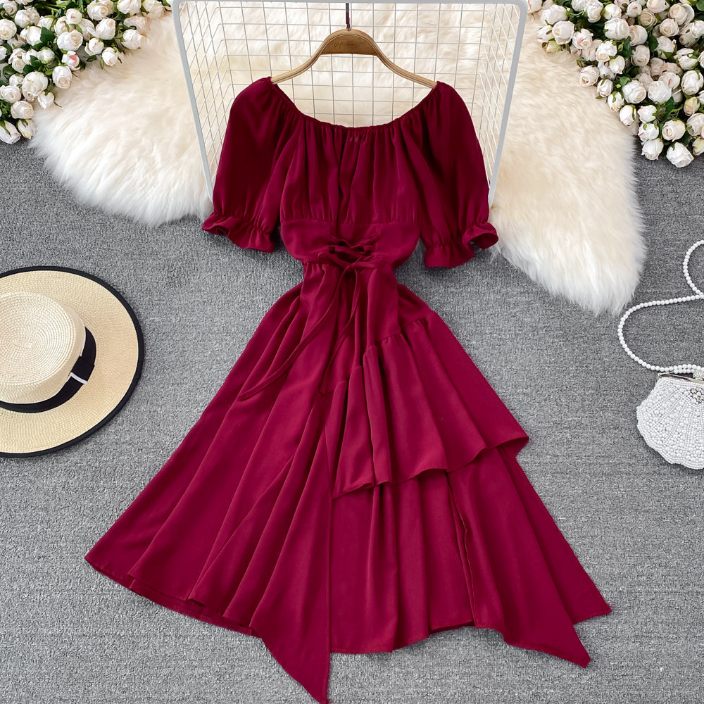 Simple Lace-Up Dress With Irregular Dress  10738