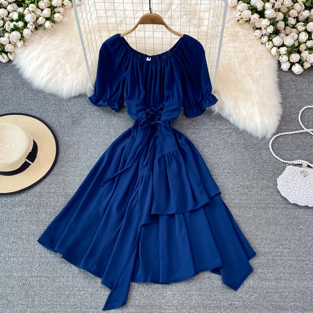 Simple Lace-Up Dress With Irregular Dress  10738