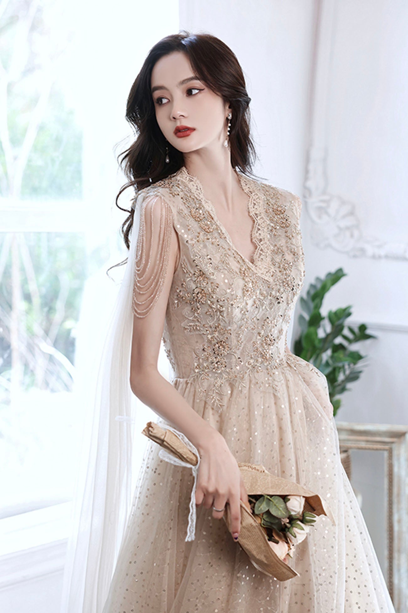 Champagne tulle sequins long prom dress evening dress  10605