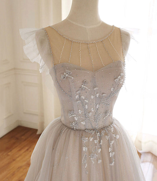 Lilac Elegant Cute Beaded Long Tulle Ball Gown A-Line Evening Dress 10572