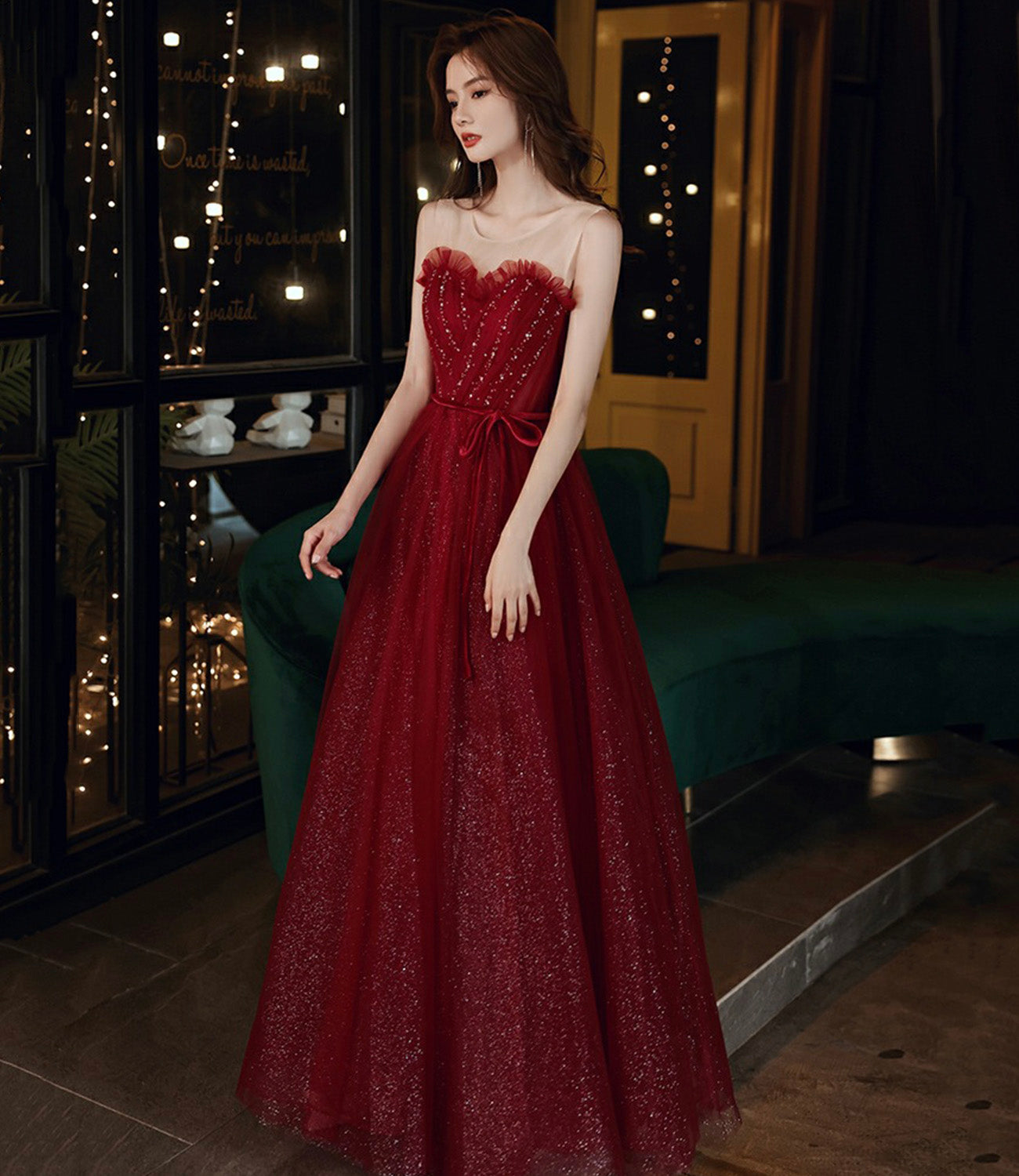 Burgundy tulle sequins long prom dress A line evening dress  10555