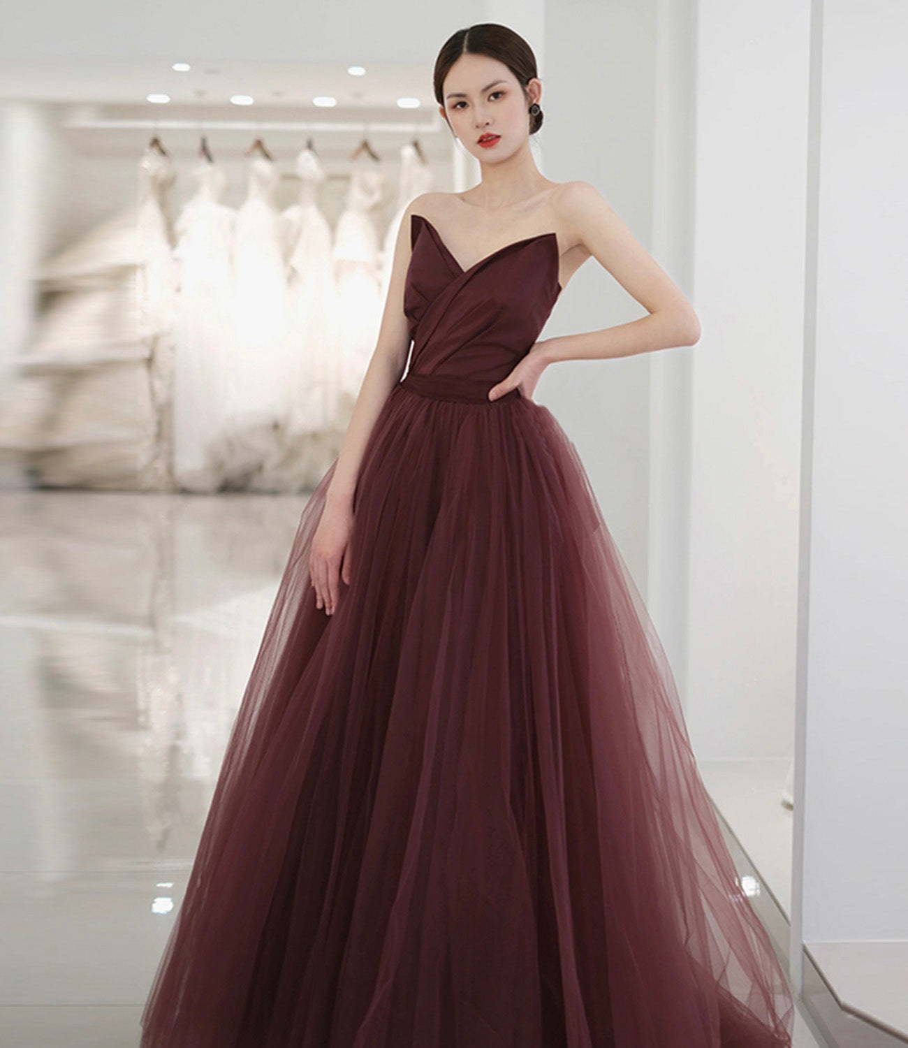 Cute tulle long prom dress A line evening gown  10561