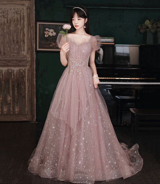 Pink tulle long prom dress A line evening gown  10490