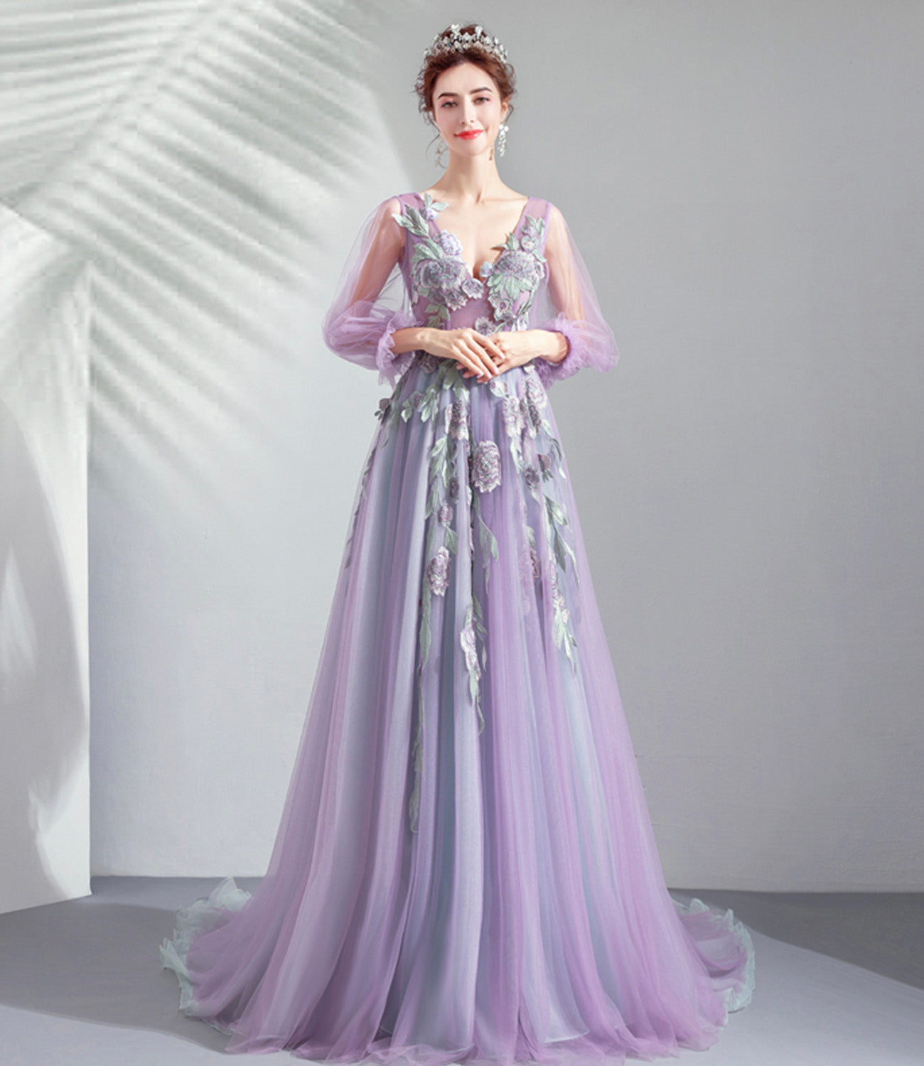 Purple tulle lace long prom dress A line evening dress  10552