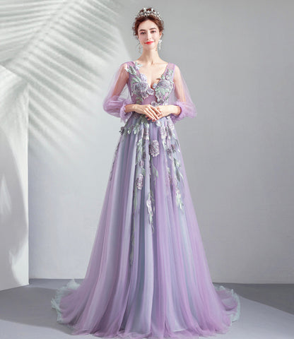 Purple tulle lace long prom dress A line evening dress  10552